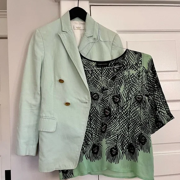PRICE DROP! A.L.C. Sedgwick Mint Green Cotton Linen Double Breasted Blazer - Picture 8 of 9